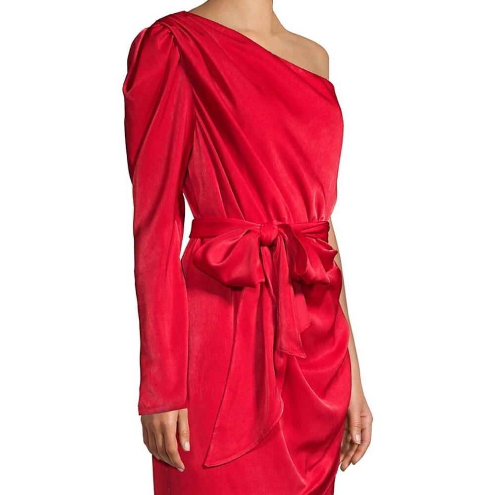 Red Satin Draped One-Shoulder Dress